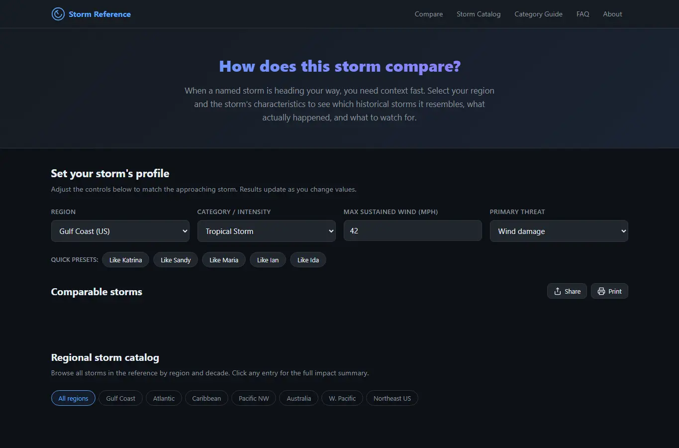 Screenshot of Named Storm History Reference interface showing the project page in use